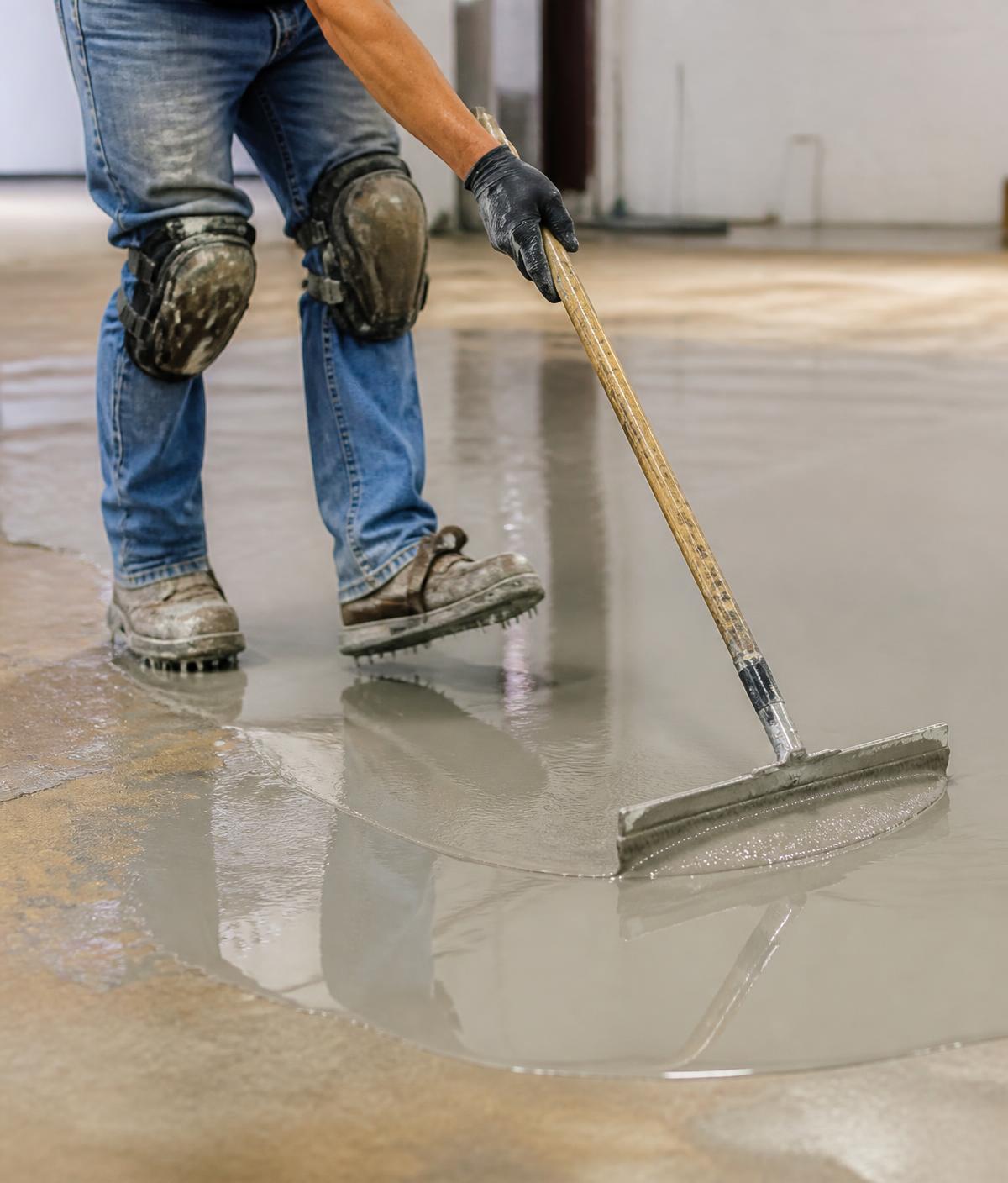 Contractor spreading epoxy coating across a concrete floor with a squeegee